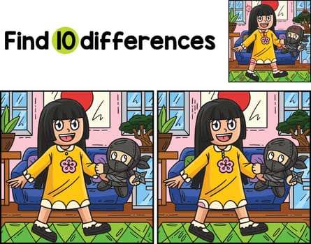 Find or spot the differences on this Child with a Ninja Plushie kids activity page. A funny and educational puzzle-matching game for children.