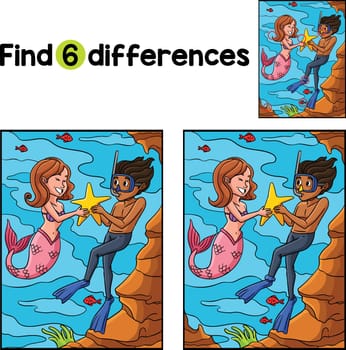 Find or spot the differences on this Mermaid and a Diver Holding a Star kids activity page. A funny and educational puzzle-matching game for children.