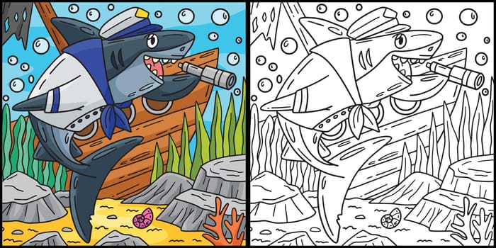 This coloring page shows a Shark in a Marine Outfit. One side of this illustration is colored and serves as an inspiration for children.