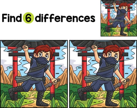 Find or spot the differences on this Ninja with a Kunai kids activity page. A funny and educational puzzle-matching game for children.