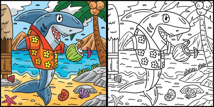 This coloring page shows a Shark with Tropical Drink. One side of this illustration is colored and serves as an inspiration for children.