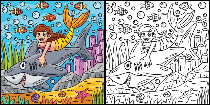 This coloring page shows a Shark and a Mermaid. One side of this illustration is colored and serves as an inspiration for children.