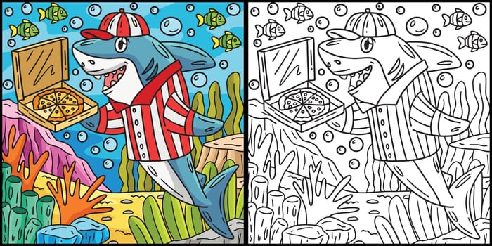This coloring page shows a Pizza Shark. One side of this illustration is colored and serves as an inspiration for children.