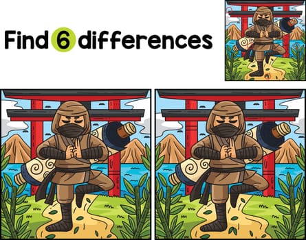 Find or spot the differences on this Ninja with a Scroll on the Back Kids activity page. A funny and educational puzzle-matching game for children.