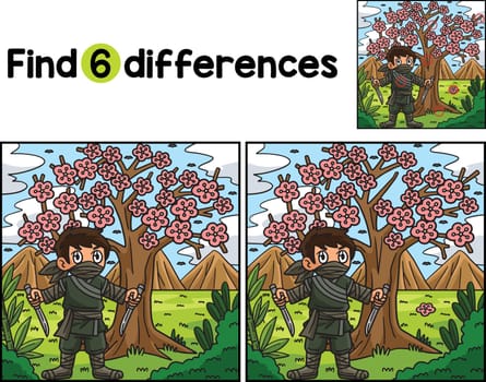 Find or spot the differences on this Ninja under the Sakura Tree kids activity page. A funny and educational puzzle-matching game for children.