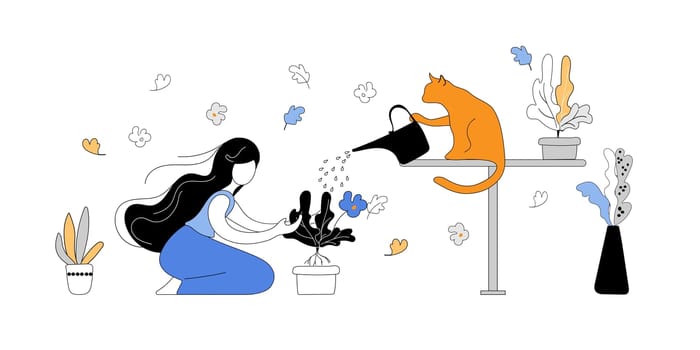 The girl is planting a houseplant in a pot. The cat are playing with plant. Happy pets with owners having great time. Modern vector illustration.