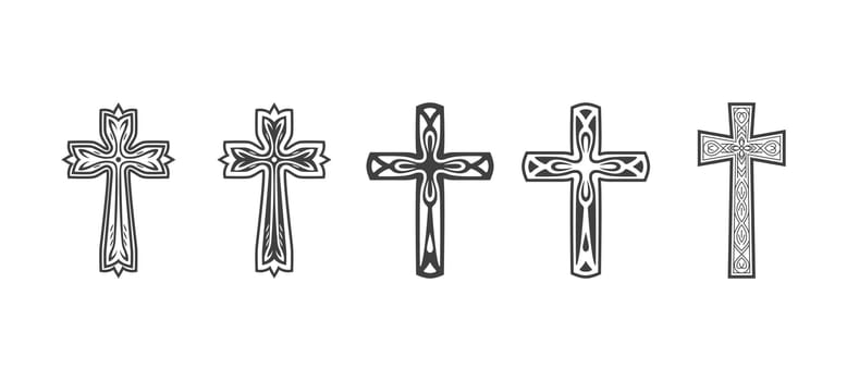 Flat Vector Black Christian Cross Icons Set Isolated on a White Background. Line Silhouette Cut Out Christian Crosses Collection.