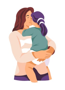 Mother holds her daughter in her arms, pressing their faces together with closed eyes. Vector illustration in flat style. Isolated on white background.