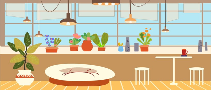 Apartment interior, kitchen, dining room and living room. Indoor plants, cozy home. Vector illustration.