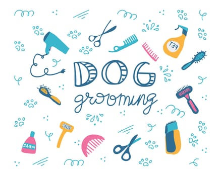 Dog grooming. Lettering for website, banner, flyer. Pet haircut in cartoon style. Grooming products, shampoos, wire cutters, combs, scissors. Vector. Landing page isolated on white background