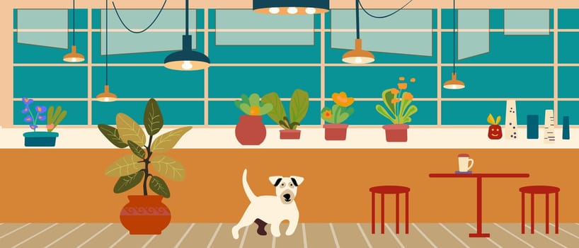 Pet dog in home apartment, happy domestic animals flat vector illustration. Interior. Friendship, love for pet concept for banner, website design or landing web page
