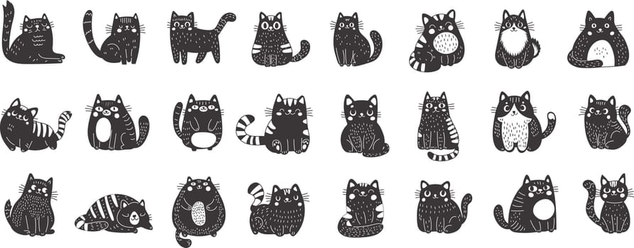 Big set of black cats in linocut style. Cute funny fluffy cats. Perfect for those who appreciate the sweet and whimsical side of feline charm.