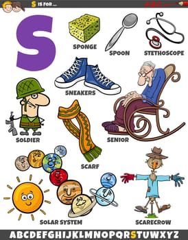 Cartoon illustration of objects and characters set for letter S