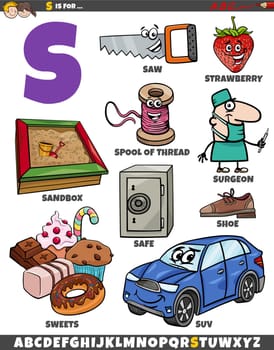 Cartoon illustration of objects and characters set for letter S