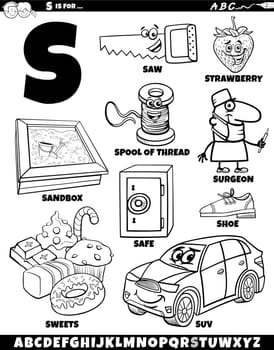 Cartoon illustration of objects and characters set for letter S coloring page
