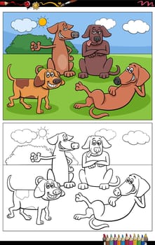 Cartoon illustrations of funny dogs or puppies characters group coloring page