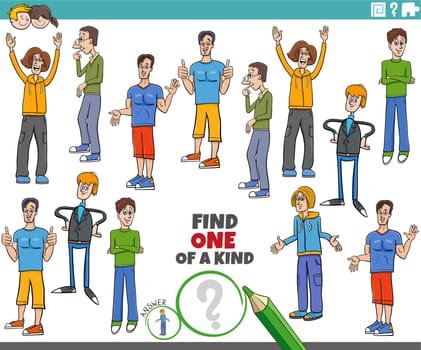 Cartoon illustration of find one of a kind picture educational activity with young men characters