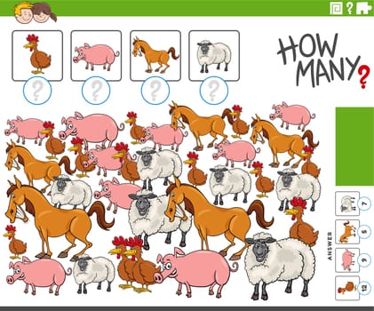 Cartoon illustration of educational counting activity with comic farm animal characters