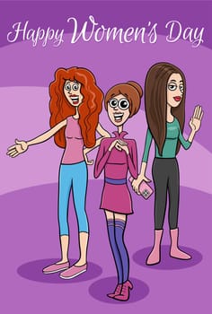 Women's Day greeting card or banner design with cartoon woman characters