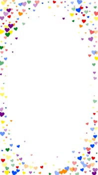 Sprinkled hearts valentine template. Rainbow colored scattered hearts. LGBT valentine card. Festive sprinkled hearts vector illustration.