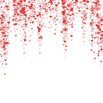 Heart confetti valentine overlay. Red hearts scattered on white background. Joyfull heart confetti vector illustration