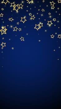 Christmas spirit. Scattered falling stars. Festive christmas confetty overlay template. Festive stars vector illustration on dark blue background.