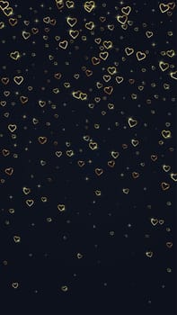 Sprinkled hearts valentine template. Gold hearts scattered on black background. Festive sprinkled hearts vector illustration.