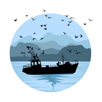 Boat sailing in river or lake at coast. Vessel, hills and coastline. Stock vector illustration