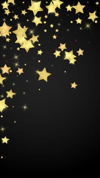 Magic stars vector overlay. Gold stars scattered around randomly, falling down, floating. Chaotic dreamy childish overlay template. on black background.