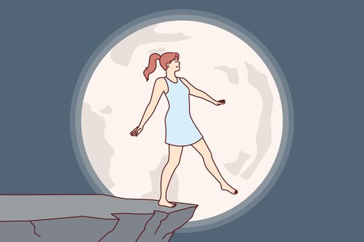 Woman experiences nightmare at night, imagining falling off cliff during full moon, due to presence of sleepwalking syndrome. Nightmare of young person at risk of injury due to psychological disorder
