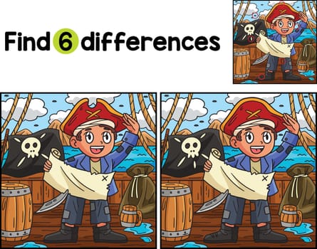 Find or spot the differences on this Pirate with Treasure Map kids activity page. A funny and educational puzzle-matching game for children.