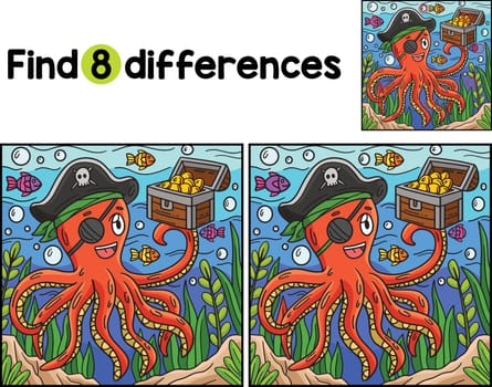 Find or spot the differences on this Pirate Octopus Holding Chest kids activity page. A funny and educational puzzle-matching game for children.