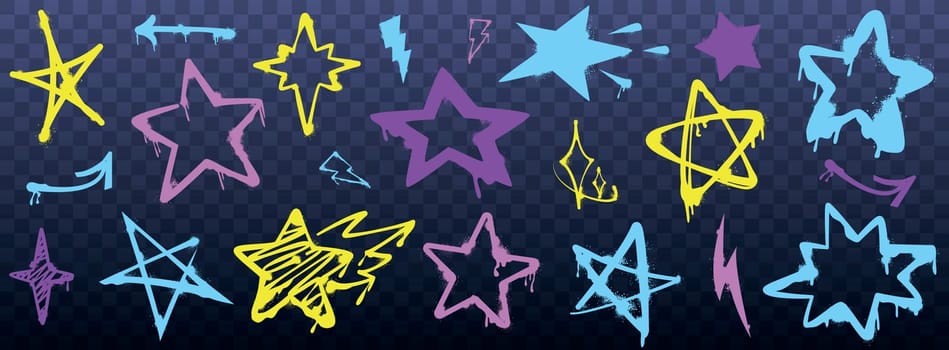 Vector set of spray paint graffiti star. Color grunge ink graphic award symbols with inky drips, blots and splatter isolated on dark background. Hand drawn rough brush colorful stars in street style.