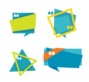 Quotation mark and speech bubbles isolated icons. Inverted comas and triangular and square, rectangular and trapezoidal frames. Article or message, sticker or logo templates. Vector in flat style