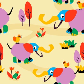 Animal and nature paper cuts, children drawings or crafts. Elephant and bird, tree and bushes, flowers in blossom. Creativity and art. Seamless pattern, wallpaper print background. Vector in flat