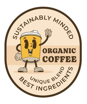 Aromatic stimulating beverage with fresh taste. Sustainably minded unique blend organic coffee, best ingredients. Logotype for caffeine drink with cardboard cup. Label or sticker, vector in flat style