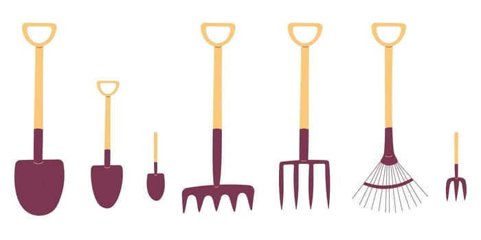 set of gardening tools. Rakes, pitchforks, shovels, brooms. Plant care.