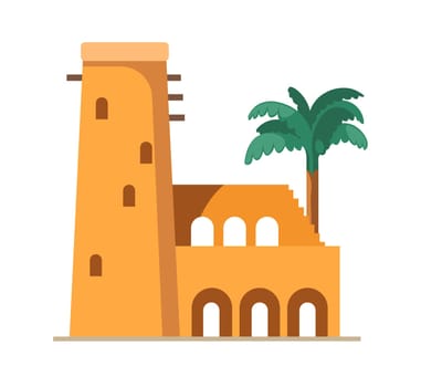 Arabic oriental traditional mud brick architecture building with tower. Muslim authentic residence of live with minaret with windows. Mediterranean or Moroccan ancient house. Vector in flat style