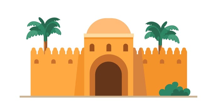 Entrance to Eastern Bazaar in traditional technique of Arabic buildings. Ancient castle in desert or street. Mud house of middle East. Muslim architecture. Medieval old landscape. Vector in flat style