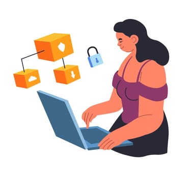 Virtual security and digital protection. Encryption of personal data and information at work and home. Woman with laptop using passwords for locking personal information. Vector in flat style