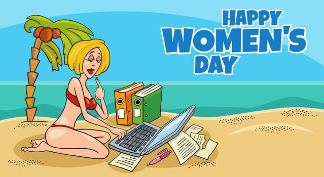 Women's Day greeting card or banner design with cartoon woman or businesswoman character at work on the beach