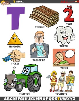 Cartoon illustration of objects and characters set for letter T