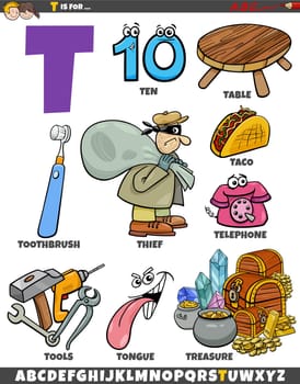 Cartoon illustration of objects and characters set for letter T