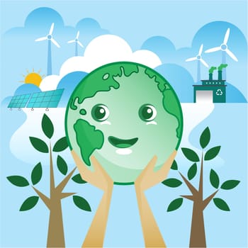 Hands holding happy smiling planet earth cartoon character design for earth day. Happy Earth Day. Taking care of the earth concept vector illustration.