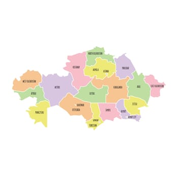 Kazakhstan political map with region names. Solid simple. Pastel colours. Vector editable