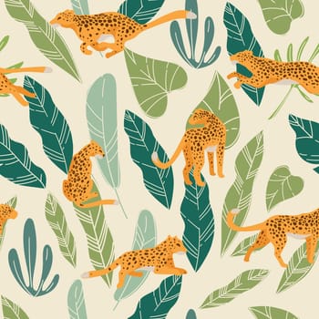 Running or hunting animal hiding in lush tropical leaves. Predator with spotted furry coat in motion. Zoo or jungle, jaguar carnivore mammal in tropics. Exotic foliage of monstera. Vector in flat