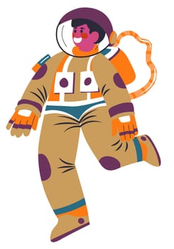 Male character wearing special costume for outer space exploration and discovery. Astronaut floating in galaxy, cosmonaut man with smile on face. Explorer of new planets. Vector in flat style