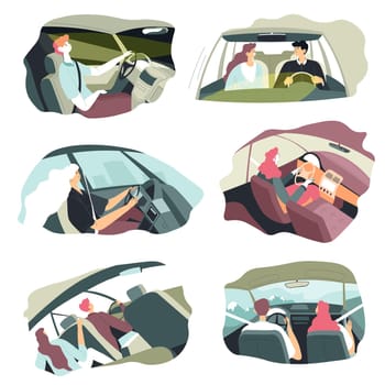 Male and female characters driving in car, man and woman sitting in automobile looking at road attentively. Couples and pairs on trip, vacation or summer adventures to nature. Vector in flat style