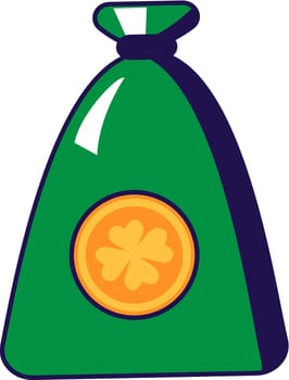 Green tied bag full of lucky gold coins. Traditional festive element, attributes of St. Patrick Day. Treasure hunt for fabulous Leprechaun. Cartoon vector icon in national colors of Irish flag