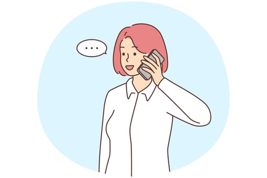 Smiling businesswoman talk on cellphone with client or customer. Happy female employee have pleasant smartphone conversation. Vector illustration.